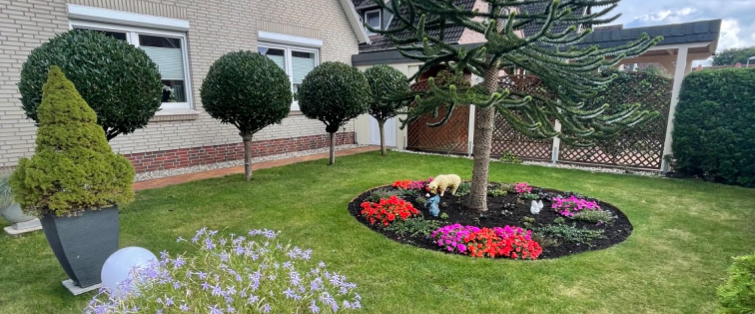 Perfekt gepflegter Vorgarten mit Rasen, Sträuchern und Blumen vor einem Einfamilienhaus in deutscher Kleinstadt