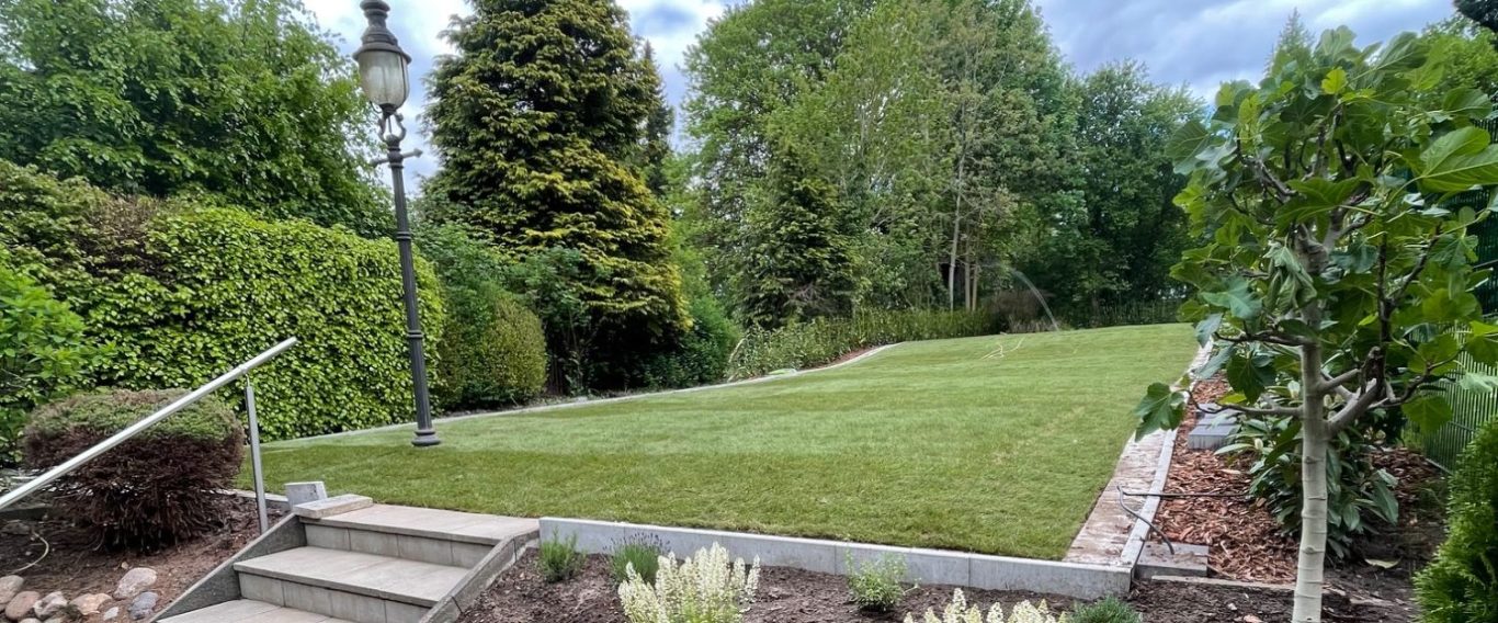Hochwertiges Bild eines gepflegten Vorgartens mit frischem Rasen und Schnitthecken – ideal für die Präsentation von Gartenpflege-Dienstleistungen im Kreis Pinneberg. Perfekt gepflegter Vorgarten mit Rasen, Sträuchern und Blumen vor einem Einfamilienhaus in deutscher Kleinstadt